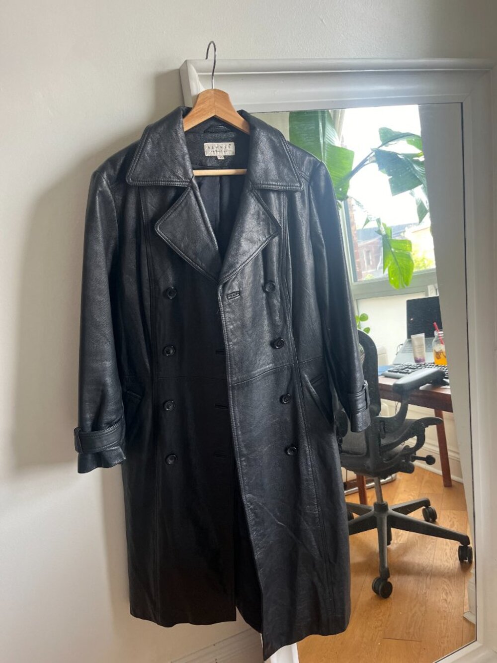 Black Vintage Trench 100% Leather Fall Jacket 90s, knee length